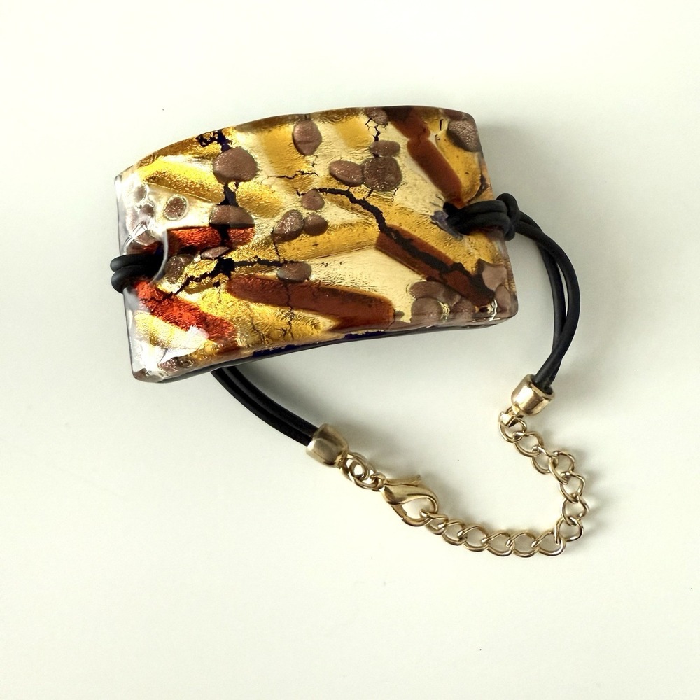 Murano Glass Cuff Bracelet Amber Red Leather Cord Artsy Vacation